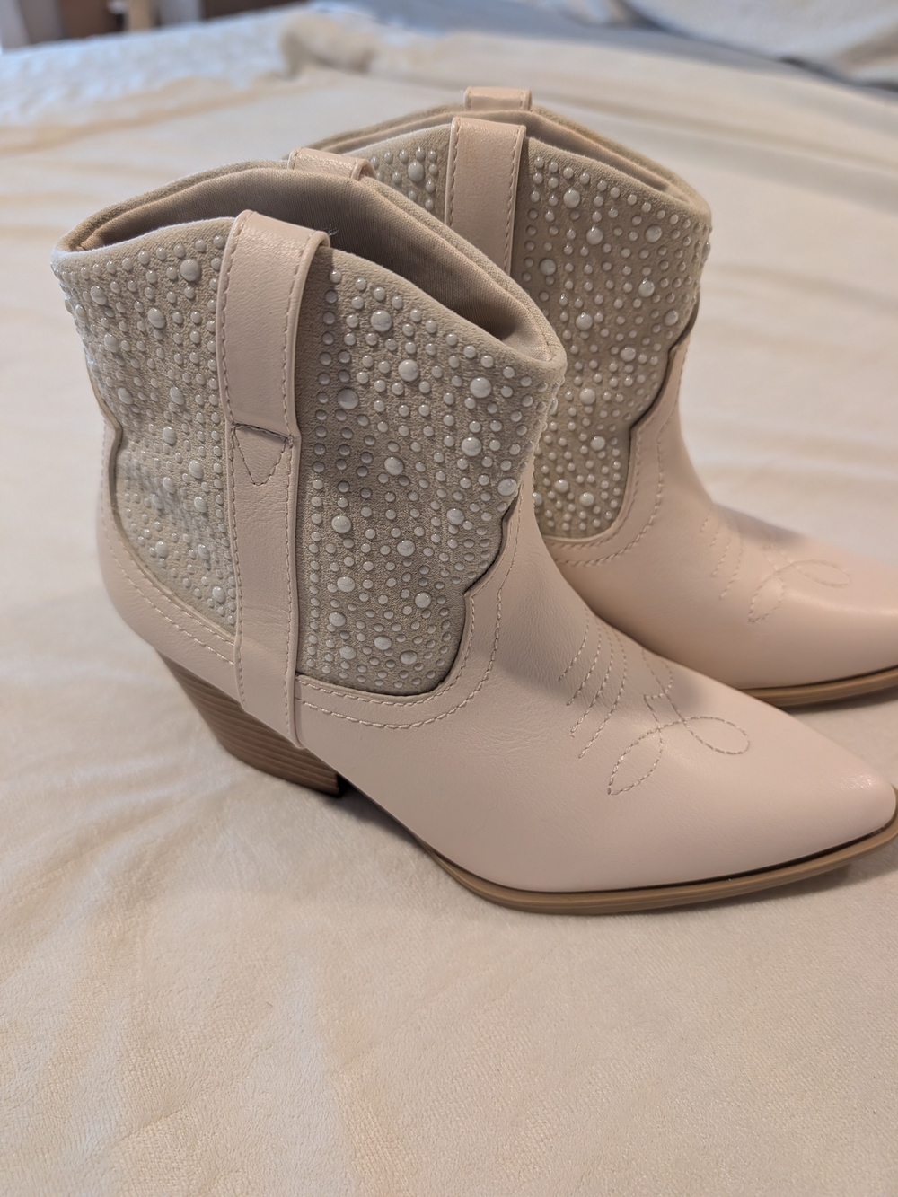 Women's Cream Studded Western Ankle Boots